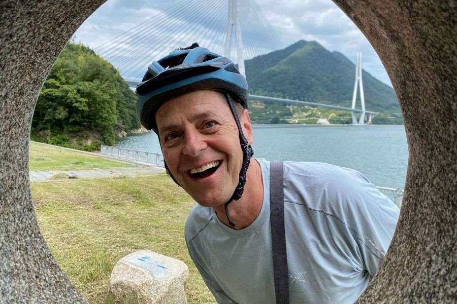Tatara Bridge and happy cyclist