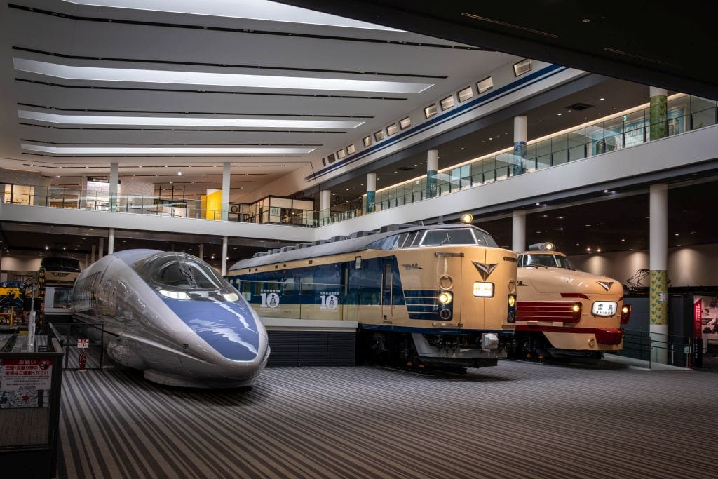 Kyoto Railway Museum main hall three trains hero