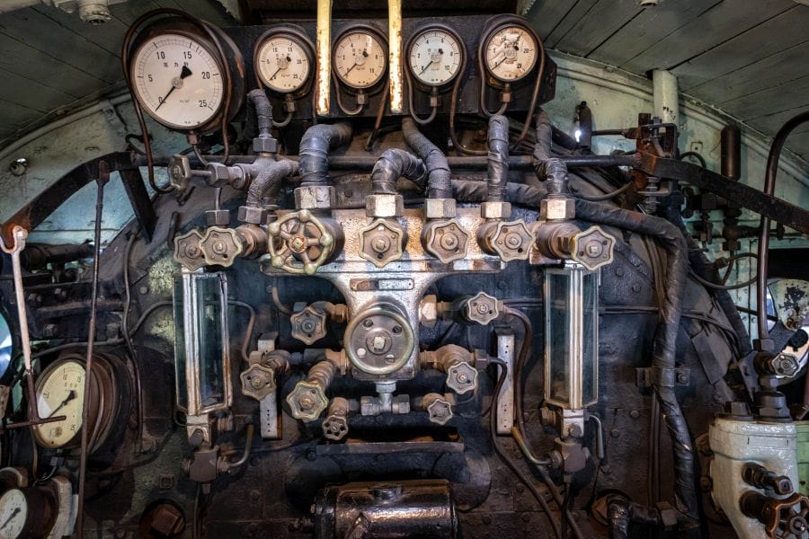 Kyoto Railway Museum steam locomotive valves and dials detail
