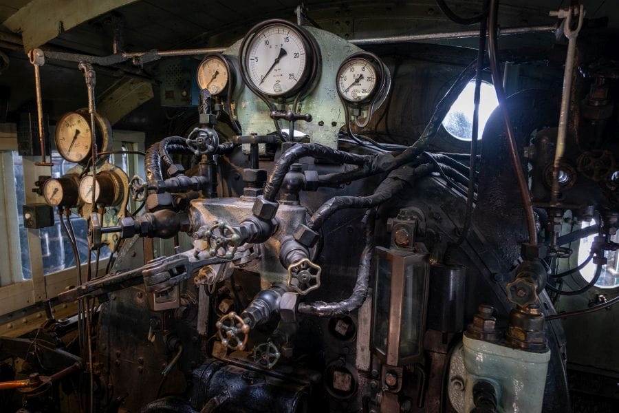 Kyoto Railway Museum steam locomotive valves and dials