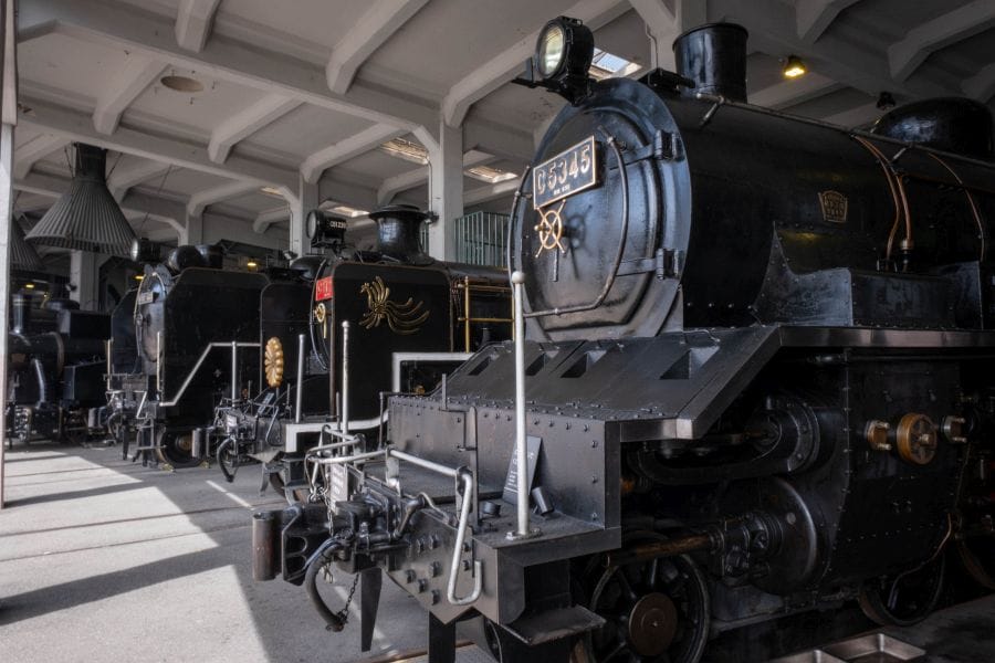 Kyoto Railway Museum steam locomotives in roundhouse