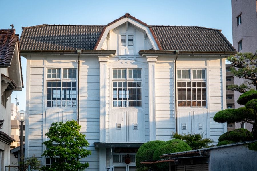 Saijo sake brewery district sake hall at sunset