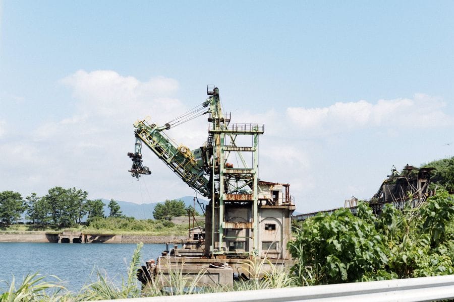 Ikeshima coal mine crane and pond